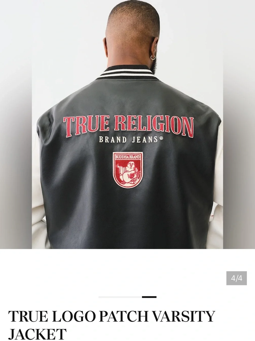 True Religion Black Body White Sleeve Logo Patch Varsity Jacket